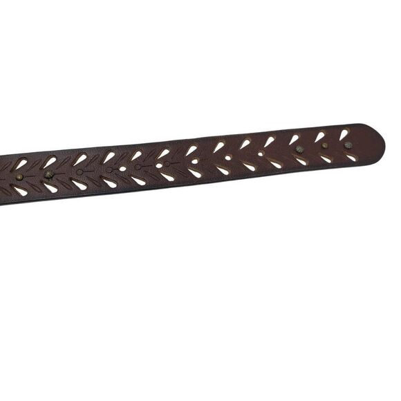 Vintage Chocolate Burnish Genuine Leather Western Belt Brass Cutouts Studded M - Picture 8 of 12